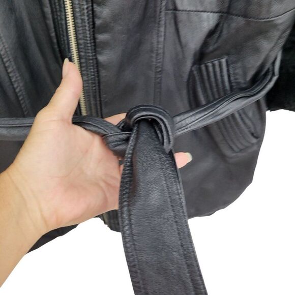 Vintage 80s Wilsons Leather Bomber Flight Jacket L Black Sherpa Trim Belted Zip - Picture 9 of 16